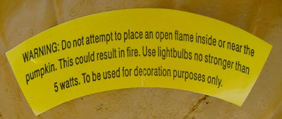 Warning label on Funkin artificial pumpkin.