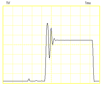 Oscilloscope trace showing ringing on the leading edge of the slower ultra-low input current op amp.