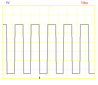 Oscilloscope trace of a nice square pulse wave converted from a rapidly changing analog voltage.