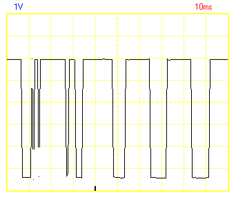 Oscilloscope trace shows bouncing in what should have been an evenly-spaced square wave.