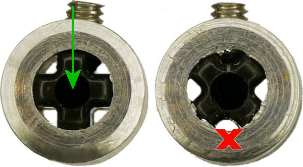 Motor shaft view of motor couplers with setscrew in cross axle