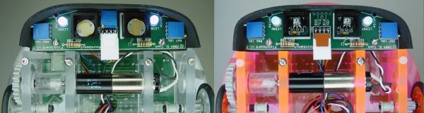 Roundabout robot floorboard with photoresistors (left) or floorboard with photodiodes (right)