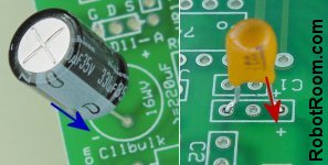 Left: Aluminum electrolytic capacitors have a stripe to indicate the negative (or GND) lead. Right: Tantalum capacitors have a stripe or '+' to indicate the positive lead.