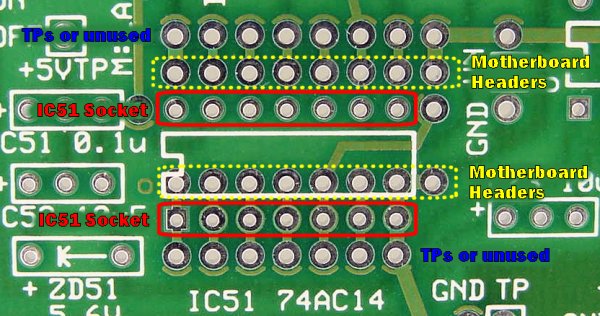 Note the correct sets of holes for the IC socket and the male headers (installed from below)