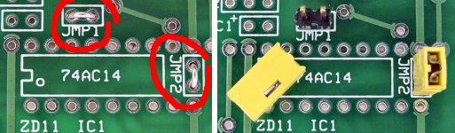 Left: Motherboard only robot uses bare wires for JMP1 and JMP2. Right: Males headers with shunts provides options for either standalone motherboard or combined with daughterboard.