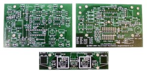 Roundabout's motherboard (top left), daughterboard (top right), and floorboard (bottom middle) printed circuit boards