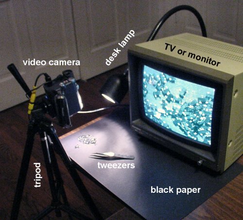 A homemade digital video inspection apparatus with a tripod, video camera, TV monitor, desk lamp, tweezers, and black construction paper.