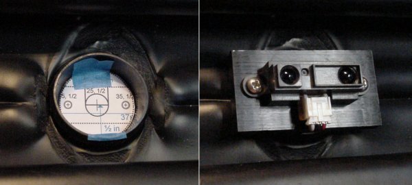 Left: Cap with paper template for drilling mounting holes. Right: Sharp infrared distance sensor mounted underneath the lid.