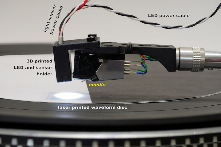 Light sensor atop record player needle